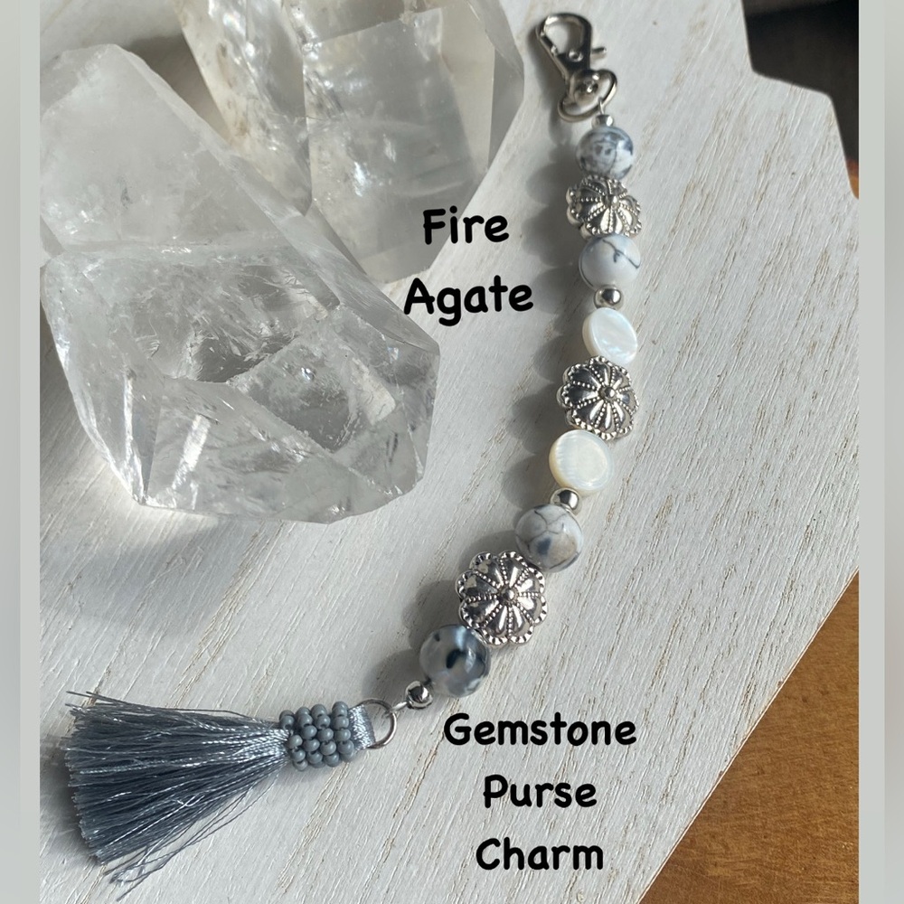 2/$35 Fire Agate & Mother of Pearl Gemstone Purse/Bag Charm - Handcrafted